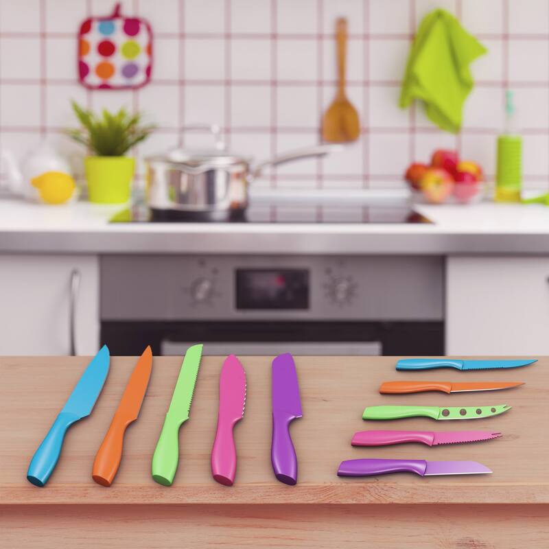 Knife Set - Colorful 10-Piece Stainless-Steel Cutting Knives with 21.5-Inch-Long Magnetic Knife Holder by Whetsone