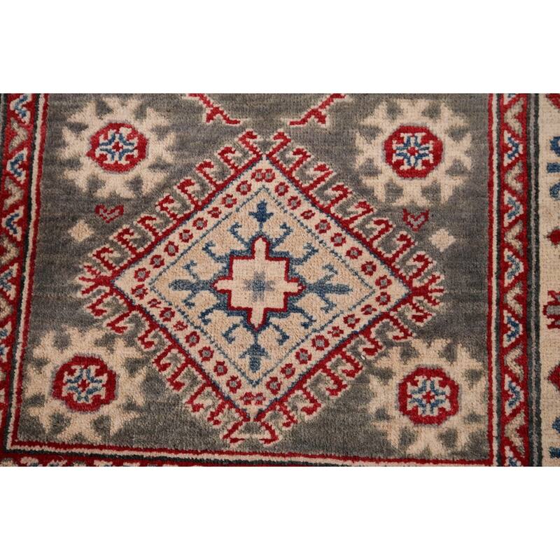 Gray Geometric Kazak Oriental Runner Rug Handmade Wool Carpet - 2'8" x 16'4"