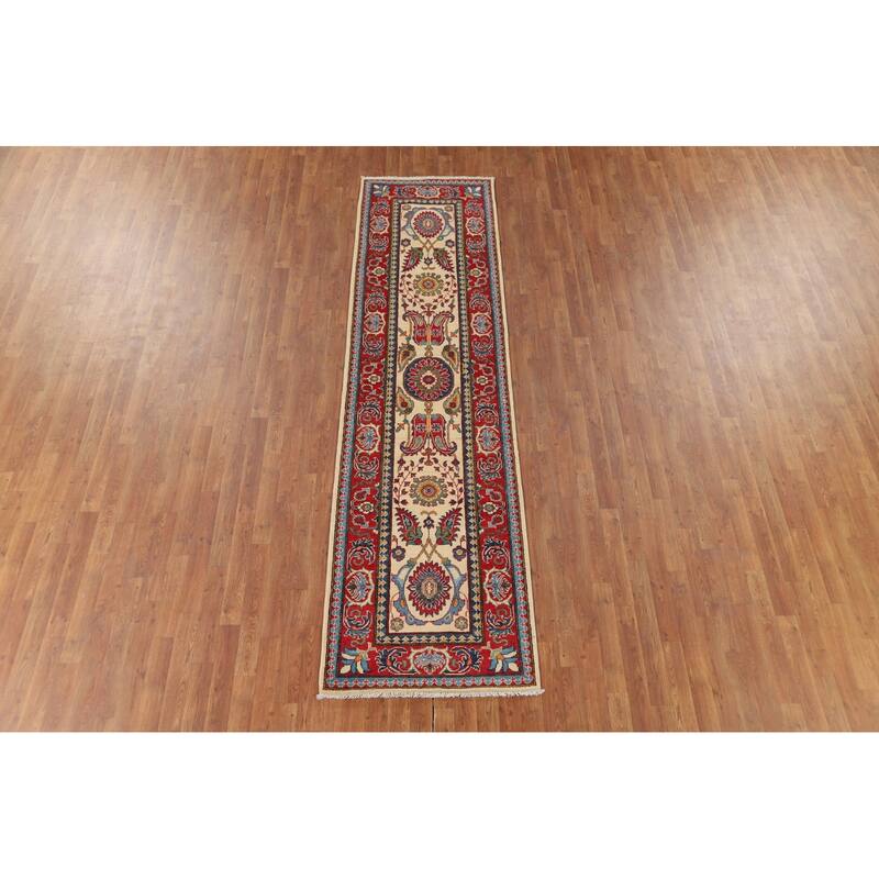 Beige Floral Kazak Oriental Runner Rug Hand-Knotted Wool Carpet - 2'9" x 10'0"
