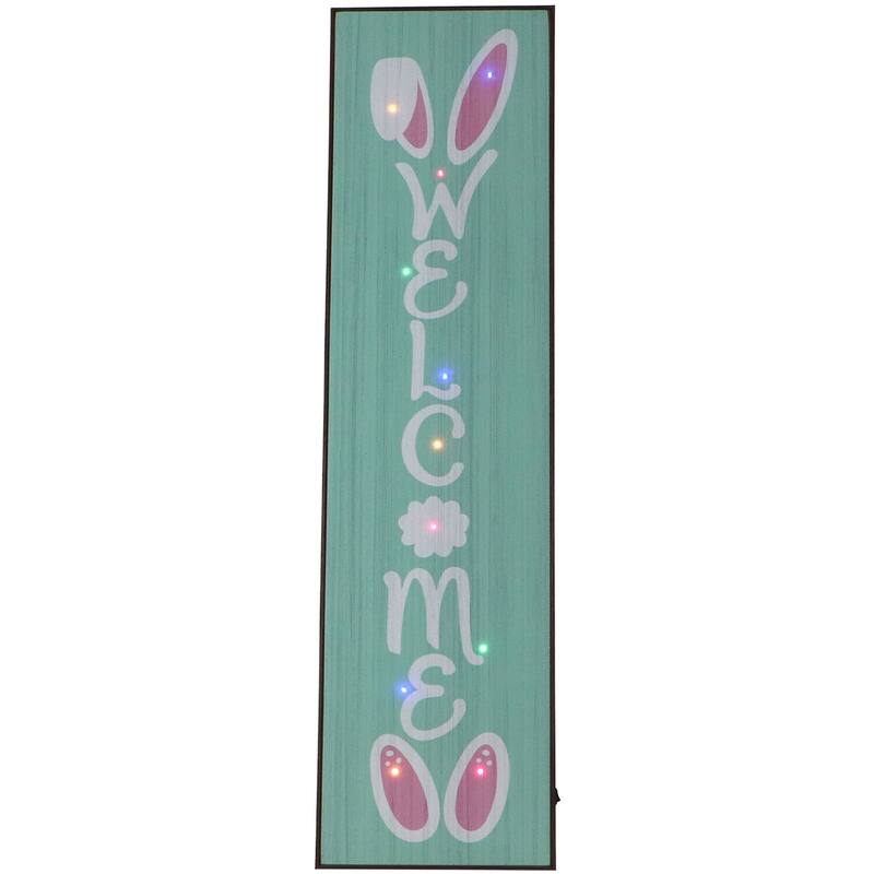 Fraser Hill Farm 45-In. WELCOME Porch Leaner Sign w/Battery-Operated LED Lights & Bunny Ears, Festive Spring Decoration, Blue