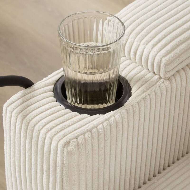 Corduroy Convertible Lounge Chaise with USB Ports, Cup Holders and Storage