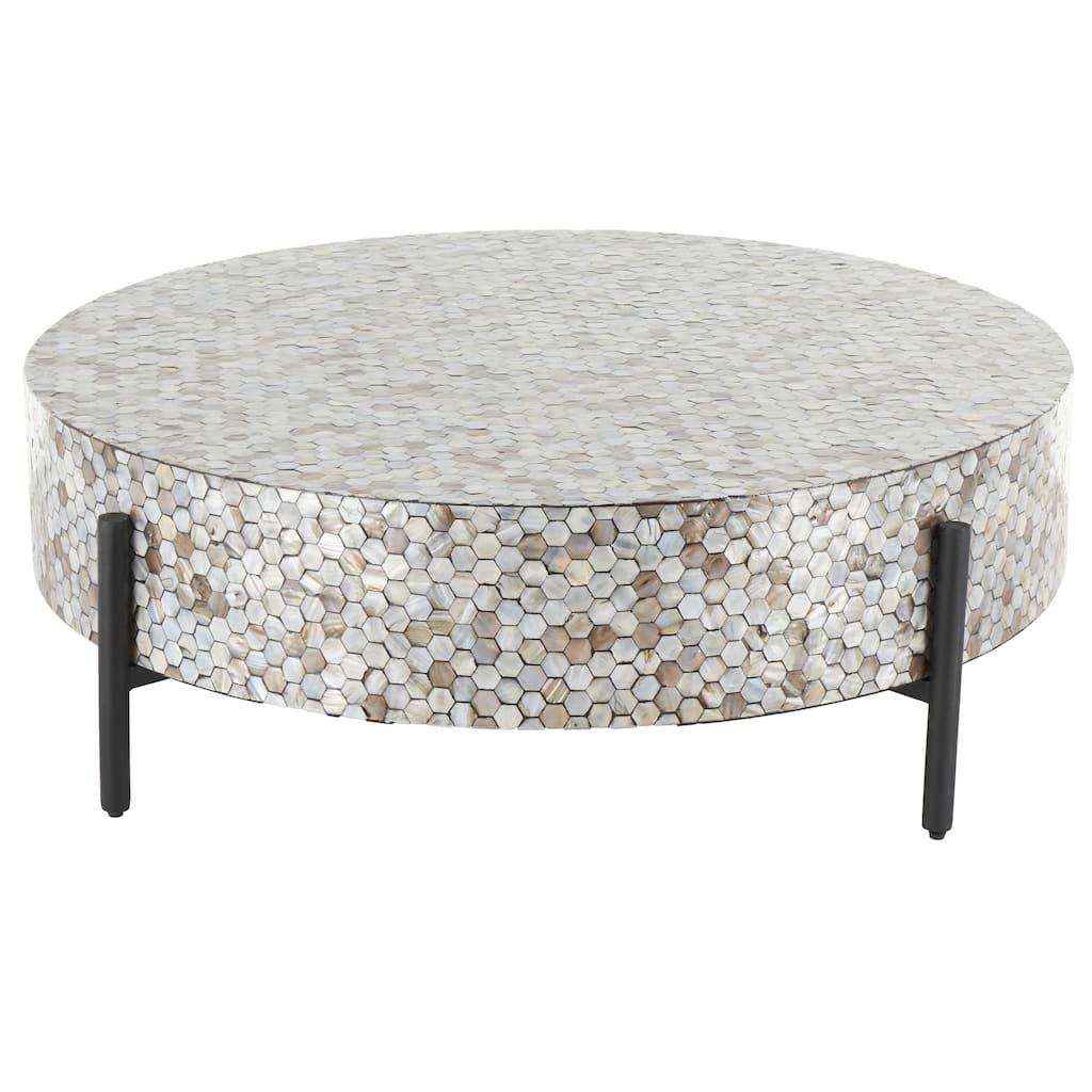 Mother of Pearl Shell Geometric Handmade Round Mosaic Inlay Coffee Table with Black Metal Legs - Roche River Decor