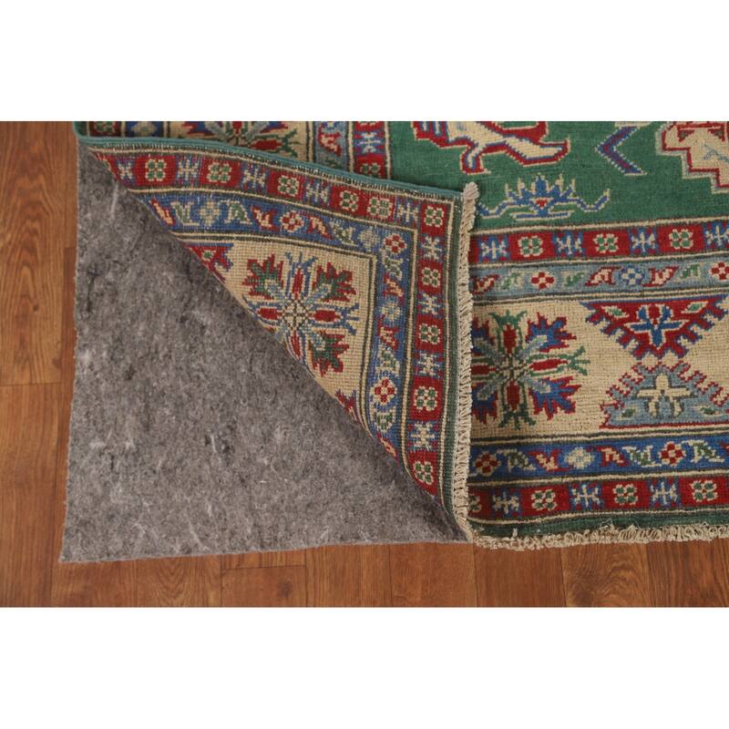 Green Geometric Kazak Area Rug Hand-Knotted Wool Carpet - 4'11" x 6'1"