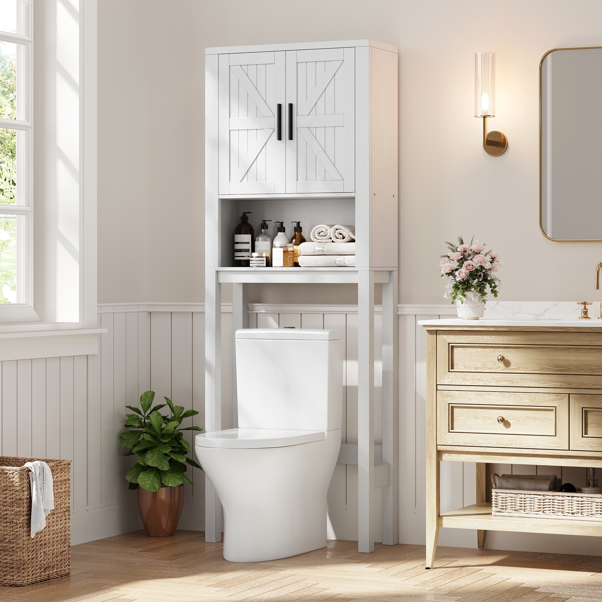 Space-Saving over the Toilet Storage Cabinet – Double Barn Doors, Adjustable Shelf
