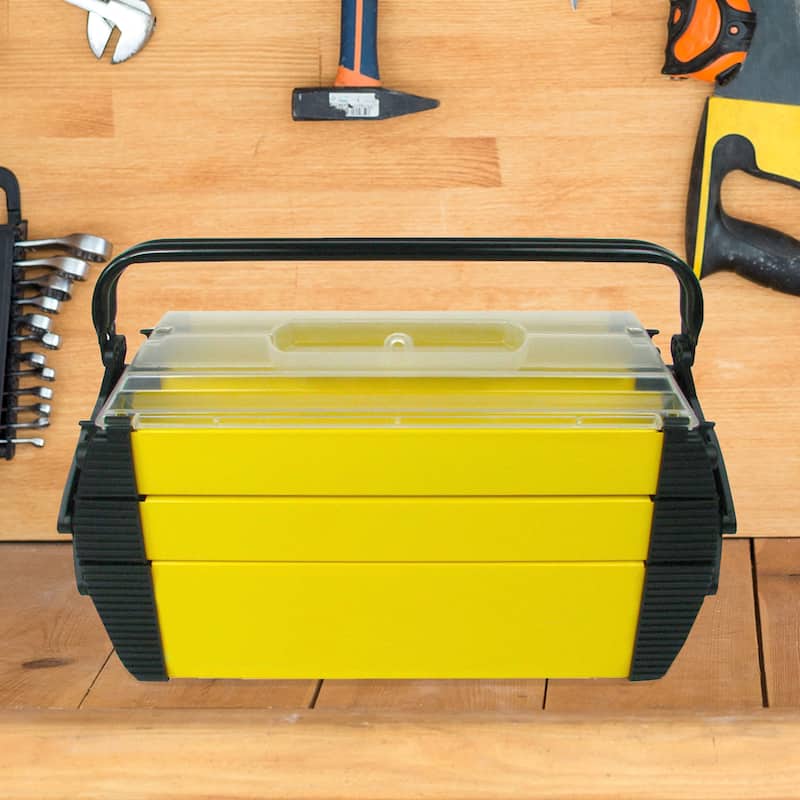 Portable Tool Box - Rugged Plastic Tacklebox with 3 Tiers of Trays, 5 Compartments for Tools and Parts by Stalwart (Yellow)