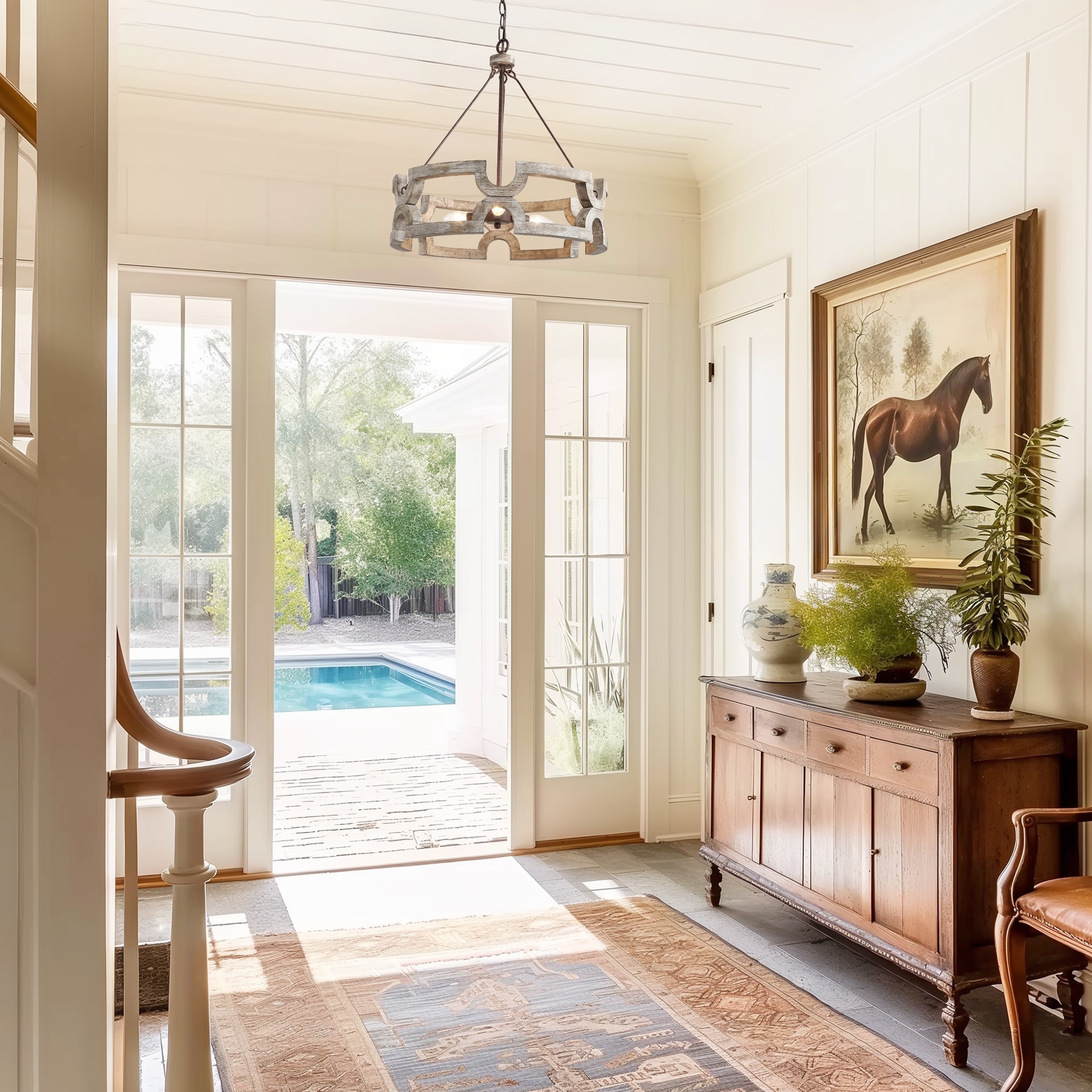 Farmhouse 3-Light Wood Drum Chandelier for Dining Room Kitchen Island