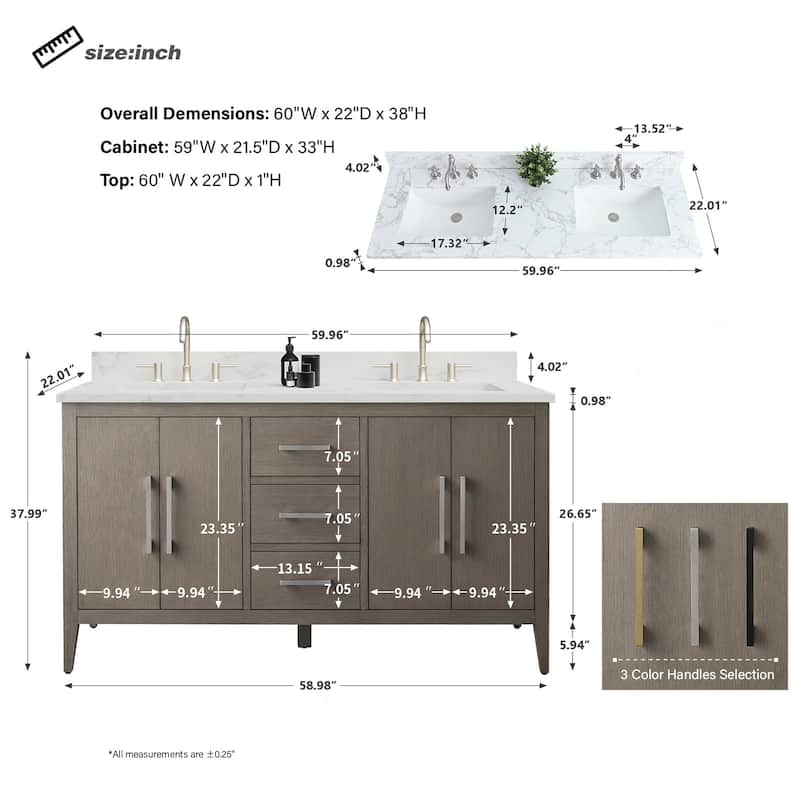 Vanity Art 60" Double Sink Bathroom Vanity Cabinet with Engineered Marble Top