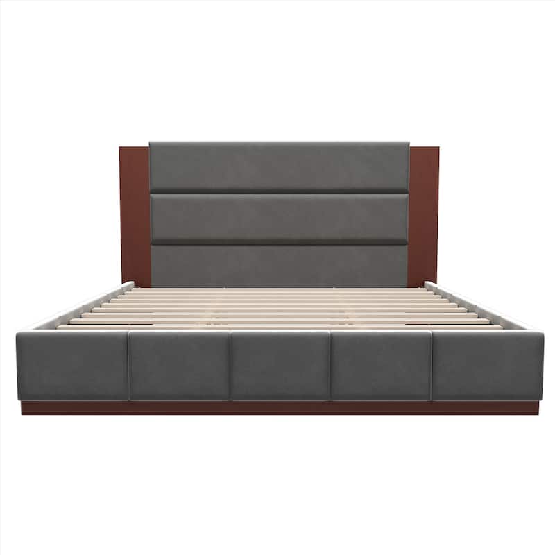 Upholstered Bed Low Profile Platform Bed Modern Wood Base Grounded Bed with Extended Wood Headboard and Upholstered Wingback