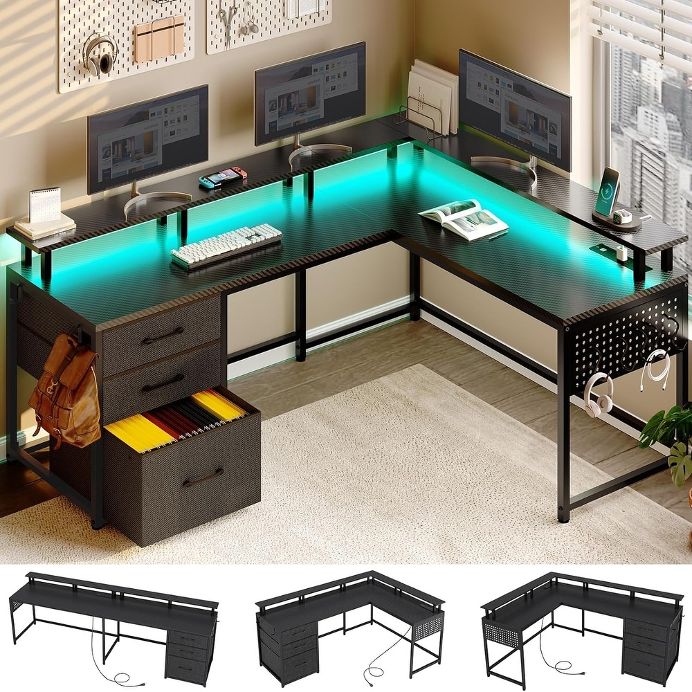 78.8inch Gaming Desk with LED Lights, Hutch and Storage Shelves, Ergonomic  Computer Desk with Monitor Stand, Black 