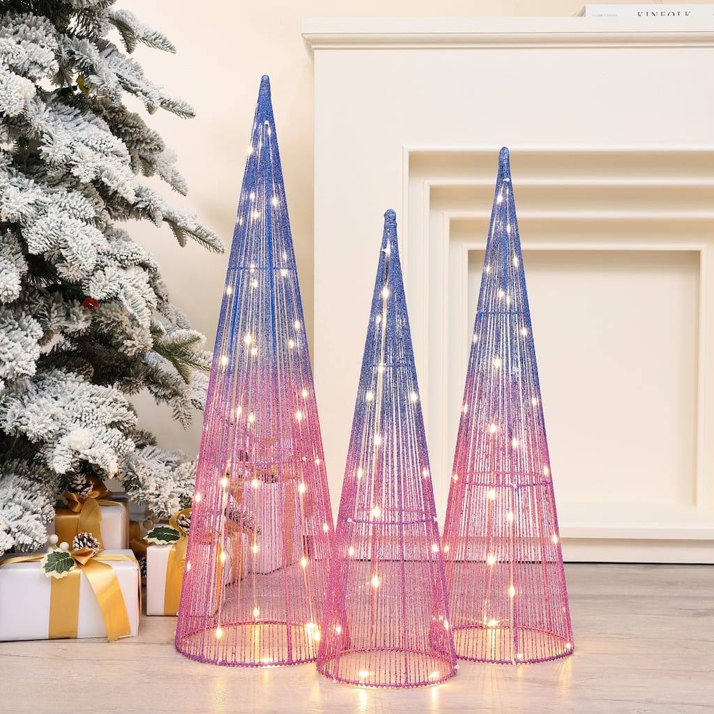 Set of 3 Multi-Color Lighted Trees Indoor and Outdoor Holiday Decoration - Blue/Pink/Purple