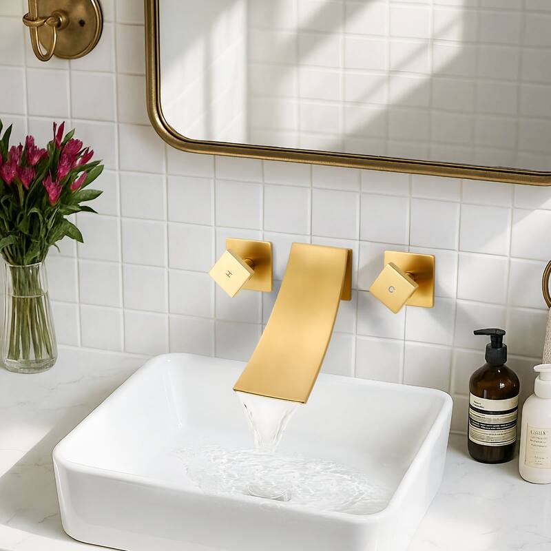 WOWOW Double Handle Wall Mounted WaterFall Bathroom Faucet