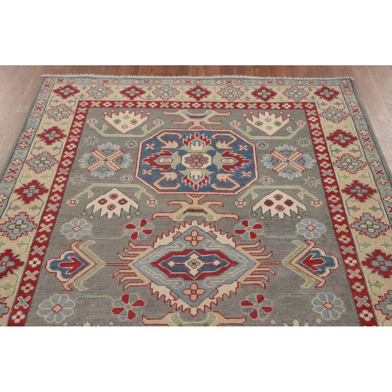Gray Geometric Kazak Area Rug Handmade Oriental Wool Carpet - 4'11" x 7'0"