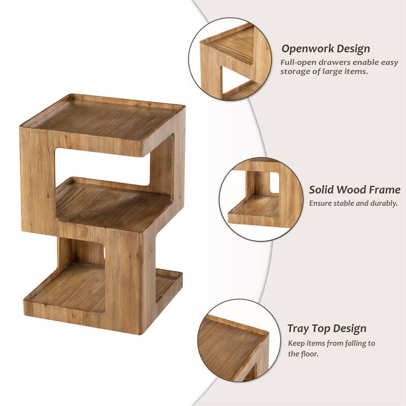 COZAYH Farmhouse Geometric Wood End Table, Distressed Accent Side Table with Two Storage Space, 3-Layer Cube Design