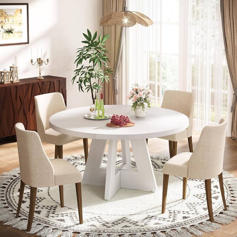 47" Round Wood Dining Table 4-Seater Farmhouse with Wooden Tabletop Cross Base for Dining Room/Kitchen
