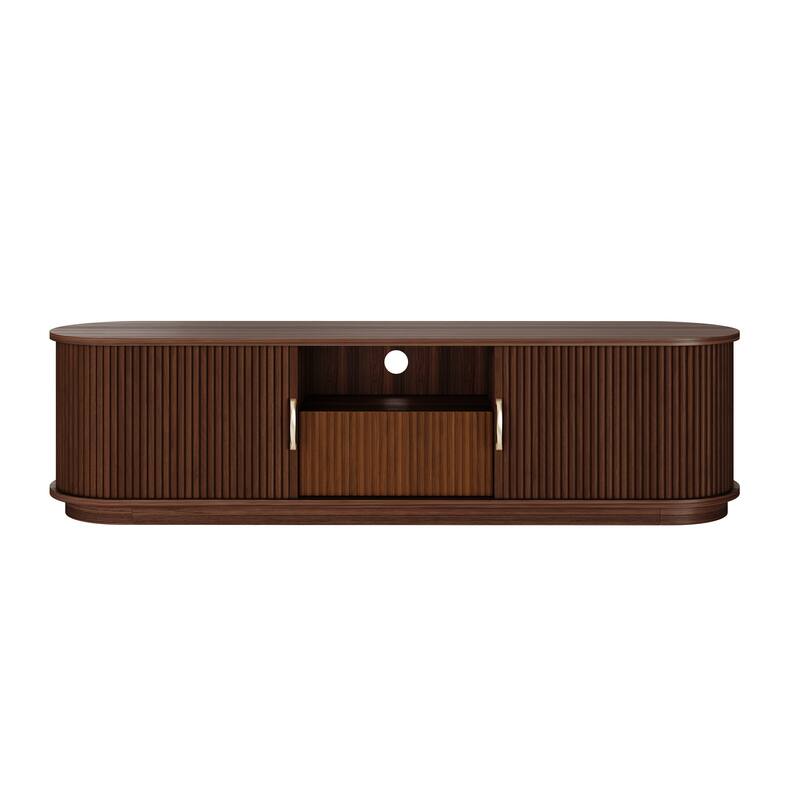Vintage TV Stand with Sliding Wood Slatted Doors for TVs up to 75", with Drawer, Wood Grain Media Console with Cable Management