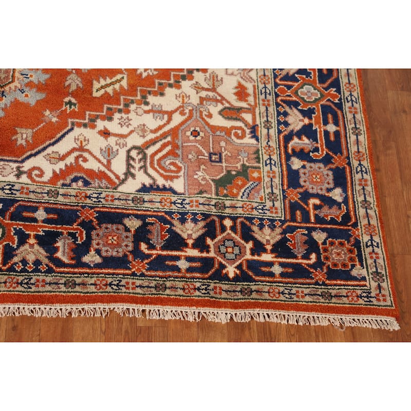 Medallion Heriz Serapi Indian Area Rug Handmade Orange Wool Carpet - 7'10" x 9'9"