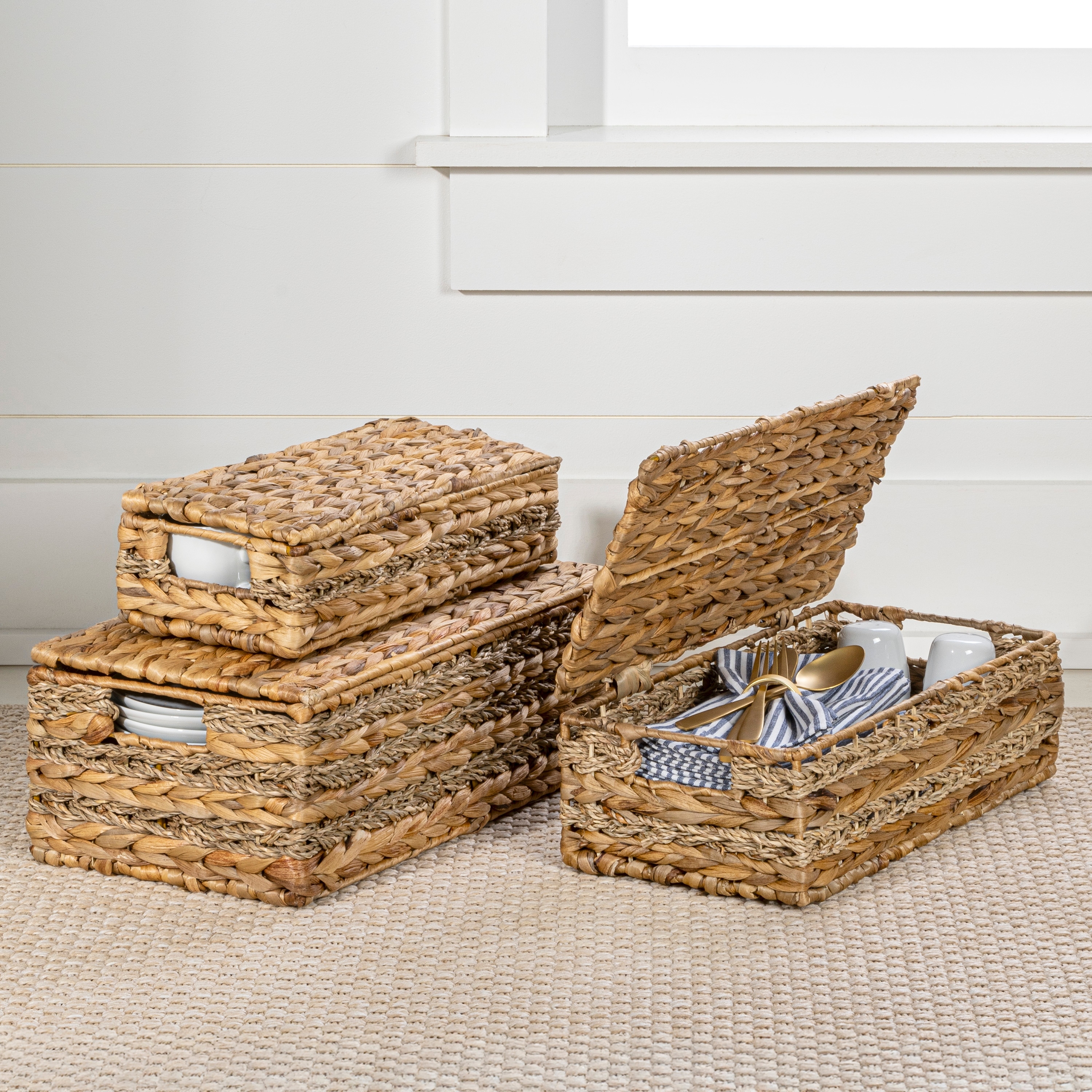 happimess Handwoven Hyacinth Storage Baskets with HandleS & Lids (Set 3)