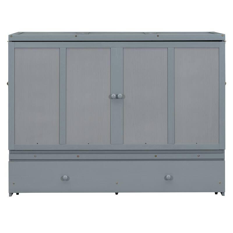 Queen Size Murphy Bed with USB Port and Large Drawer, Space-Saving Design, No Box Spring Needed, Espresso Finish
