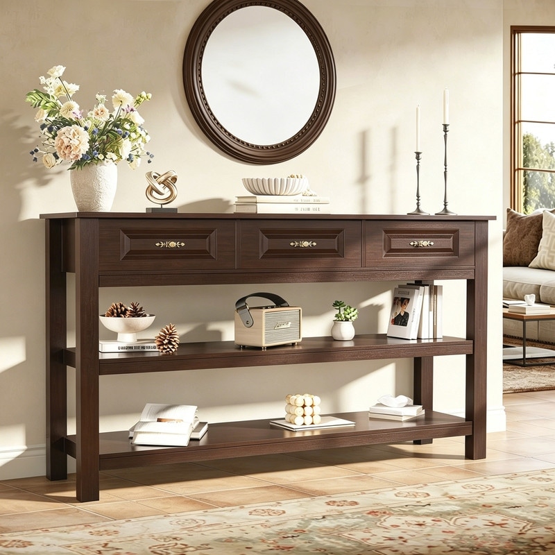 Farmhouse Modern 63" Wood Console Table, 3-Drawer Sofa Table with Open Shelf for Entryway