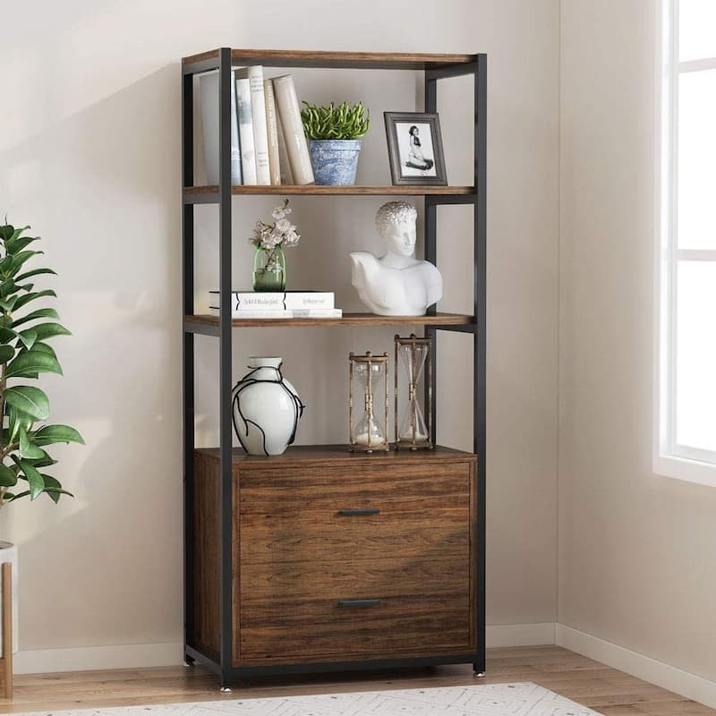 4-Tier Rustic Bookcases with 2 Drawers, Etagere Standard Book Shelves Display Shelf for Home Office