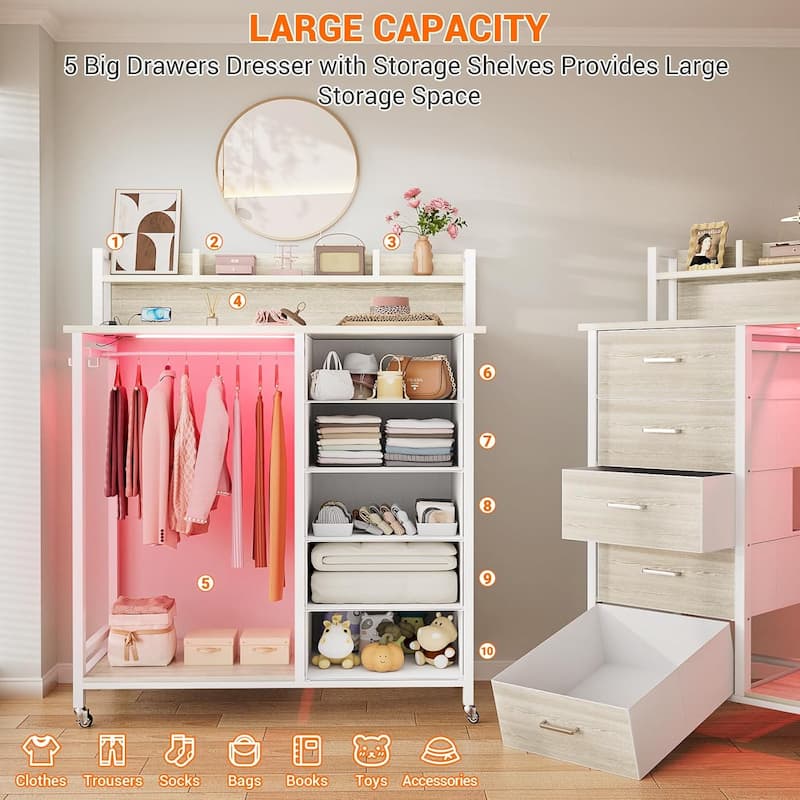 5 Drawers Dresser with Charging Station & LED Lights, Chest of Drawers with Hanging Rod ＆ Lockable Wheels ＆ Storage Shelves