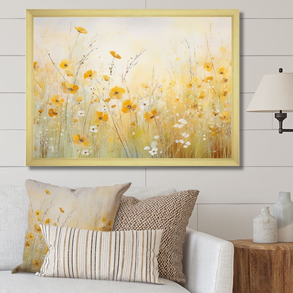 Designart "Blooming Yellow Poppy Flowers In The Meadows" Poppies Framed Canvas Art Print