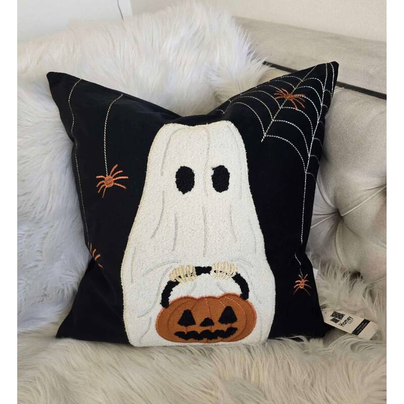 Halloween Ghost with Pumpkin Bucket Throw Pillow Set of 2