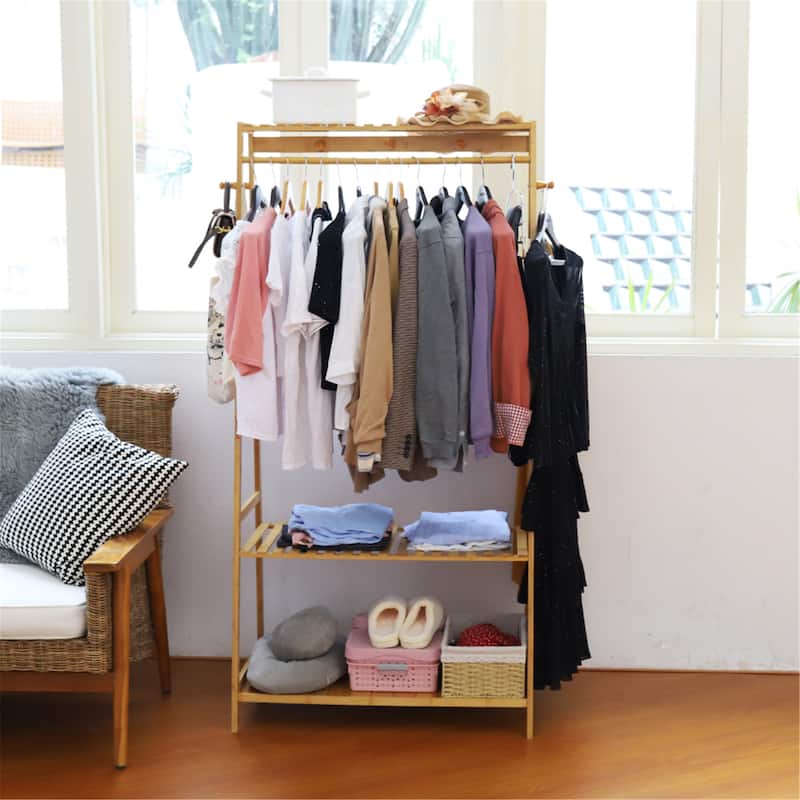 Bamboo Garment Hanging Rack with Storage Shelf for Home Organization