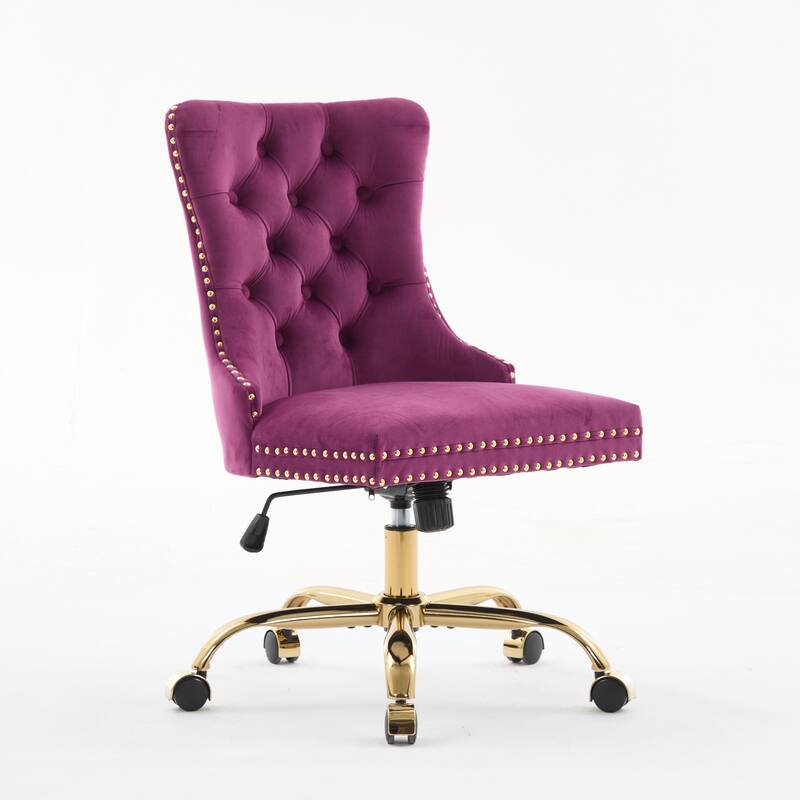 Velvet Swivel Office Chair with Wheels, Tufted Button Home Office Chair, Adjustable Vanity Chair with Metal Base