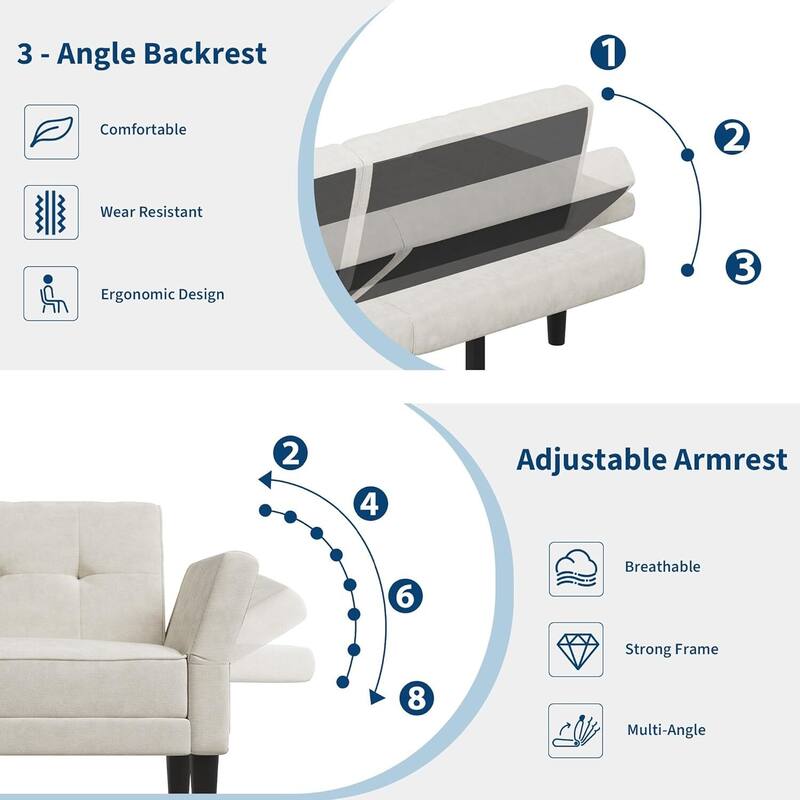 89" Futon Sofa Bed, with Adjustable Backrest & Armrest