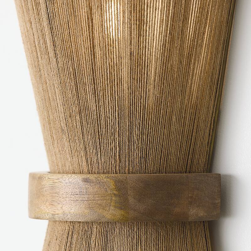 9"W x 16.25"H 2-Light Sconce in Matte Brass with Mango Wood and Handwrapped Natural Jute Rope String - 9"W x 16.25"H x 5.25"E