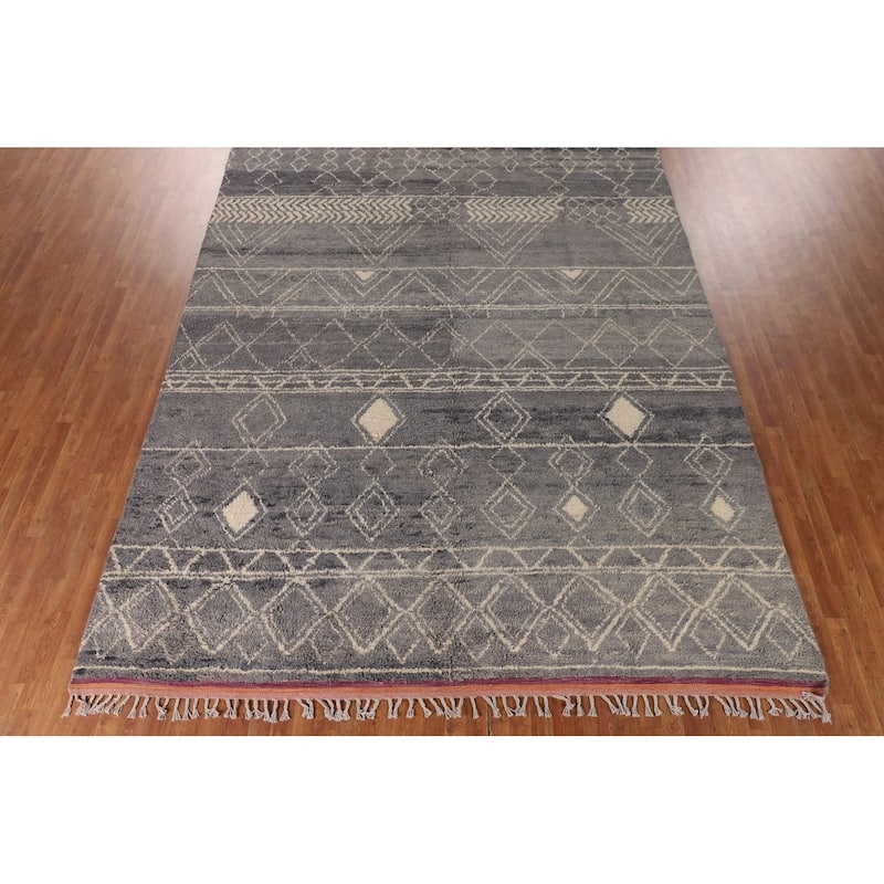 Grey Trellis Moroccan Style Large Rug Hand-Knotted Wool Carpet - 9'11" x 14'7"