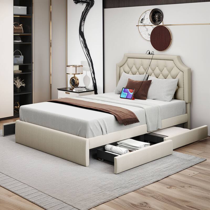 Moasis Velvet/Linen Upholstered Bedframe with Adjustable Headboard and 4 Storage Drawers
