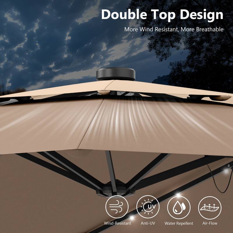 MAISON ARTS 15ft 2-Tier Large Patio Umbrella with Solar Lights, Double-Sided Outdoor Market Umbrellas with Base Included