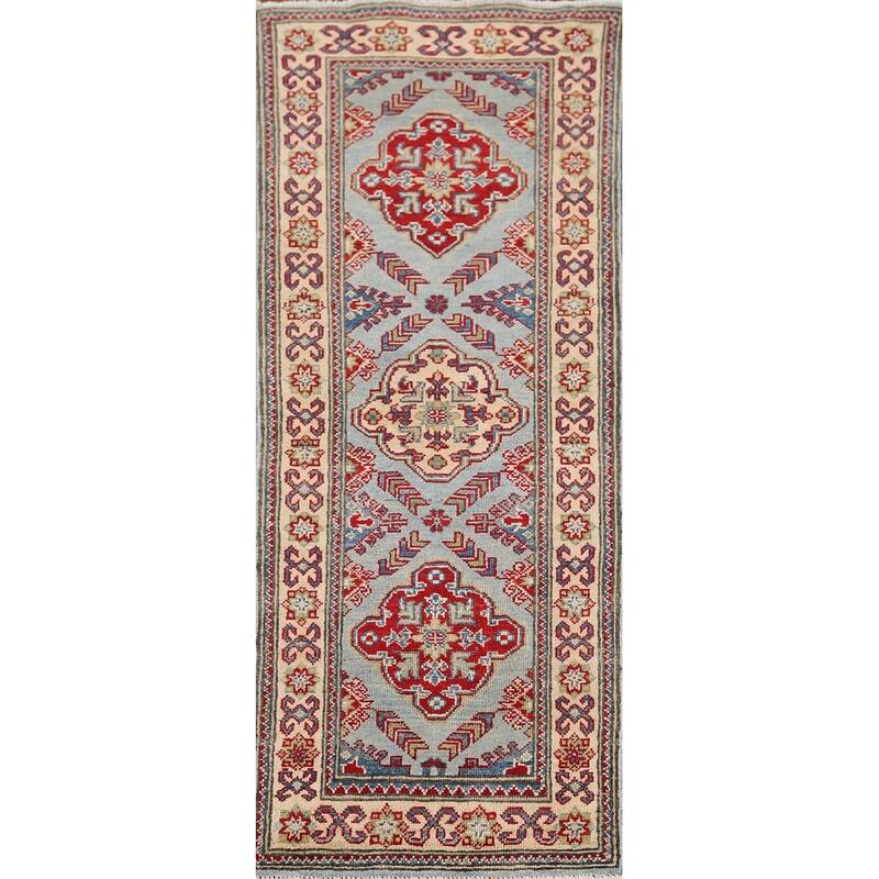 Light Blue Kazak Oriental Runner Rug Handmade Wool Carpet - 2'1" x 5'10"