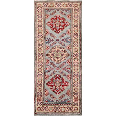 Light Blue Kazak Oriental Runner Rug Handmade Wool Carpet - 2'1" x 5'10"