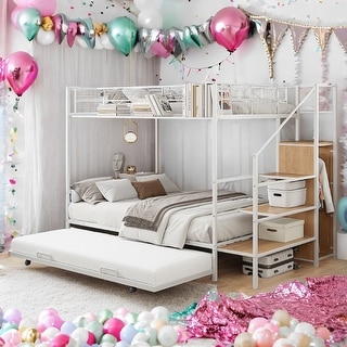 Versatile Bed Design Twin Over Full Metal Bunk Bed with Trundle and Lateral Storage Ladder and Wardrobe-White