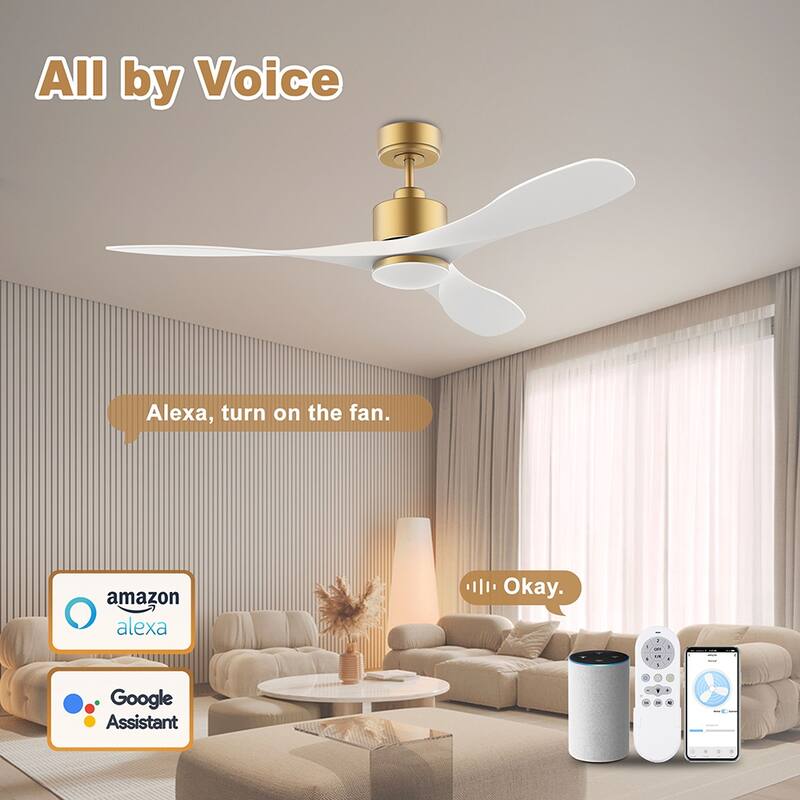 52 in. Smart Outdoor Indoor Gold White Ceiling Fans with LED Lights and Remote, Control with WiFi Alexa APP, High CFM