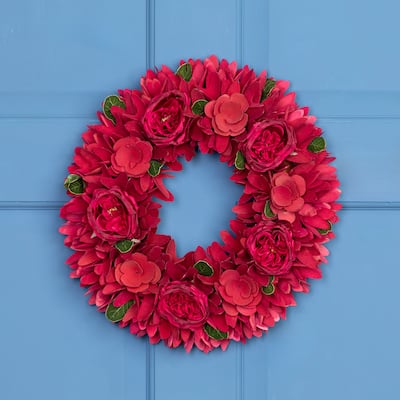 Rose Floral Wooden Spring Wreath - 14" - Fuchsia Pink