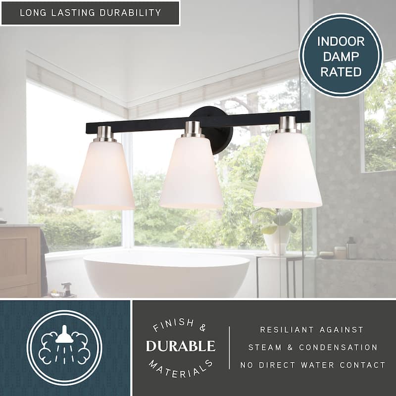Vermont Matte Black and Nickel Bathroom Vanity Wall Sconce Light Fixture White Glass