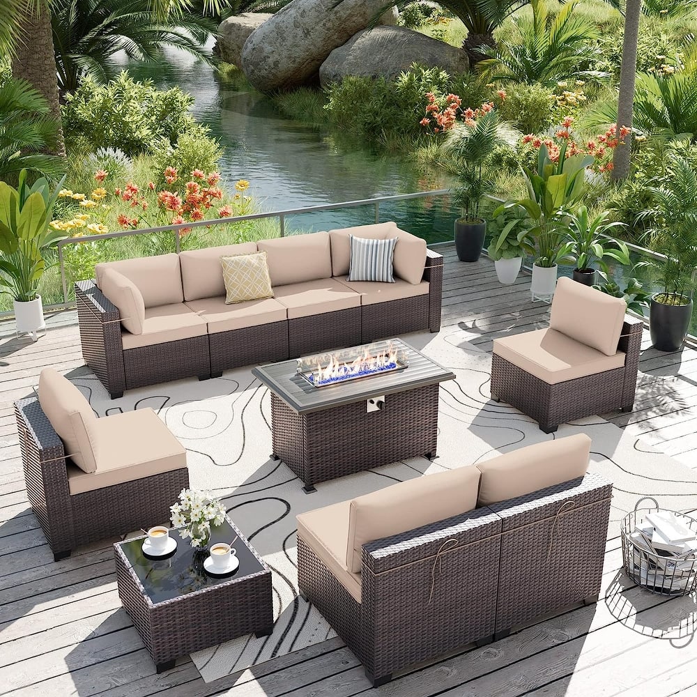 Delnavik 9-Pieces Wicker Patio Furniture Set with Firepit,Outdoor Seatings with Cushions - 9 pieces