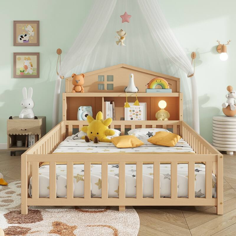 Wooden Full Size Montessori Floor Bed with Bookcases and Blackboards, Solid Pine Floor Platform Bed Frame with House Headboard