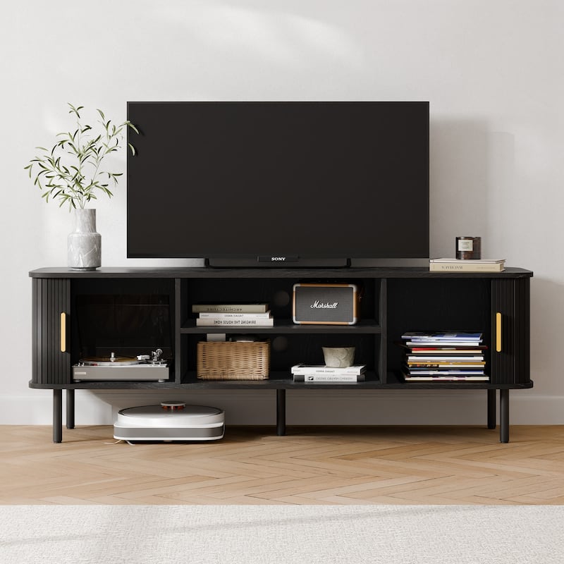 Mid-Century Modern Media Console, Tambour TV Stand with Storage Cabinet and Shelf