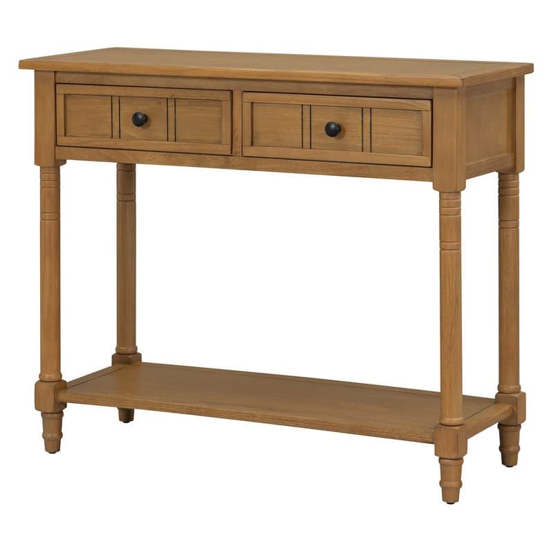 Narrow Console Table, Traditional Pine Wood Design with 2 Drawers and Bottom Shelf for Living Spaces