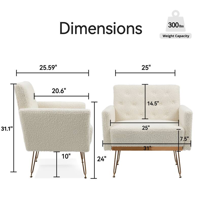 Teddy Armchair Single Sofa Modern Tufted Upholstered Side Reading Chairs with Arm and Gold Metal Leg for Living Room