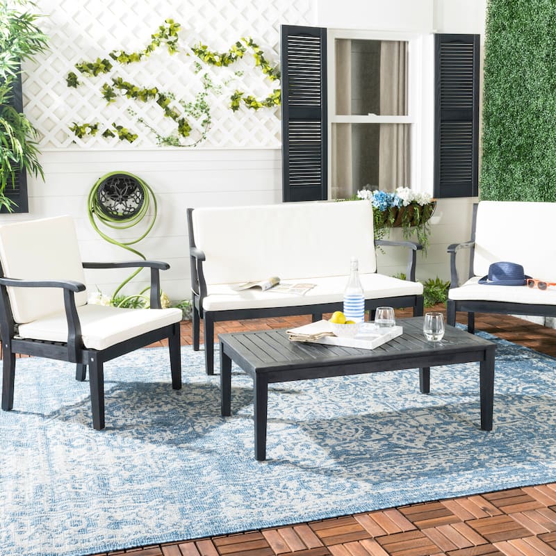 SAFAVIEH Outdoor Bethli Mar Acacia Wood 4-Piece Patio Set - 48W x 32D x 25H - Dark Slate Grey/Beige