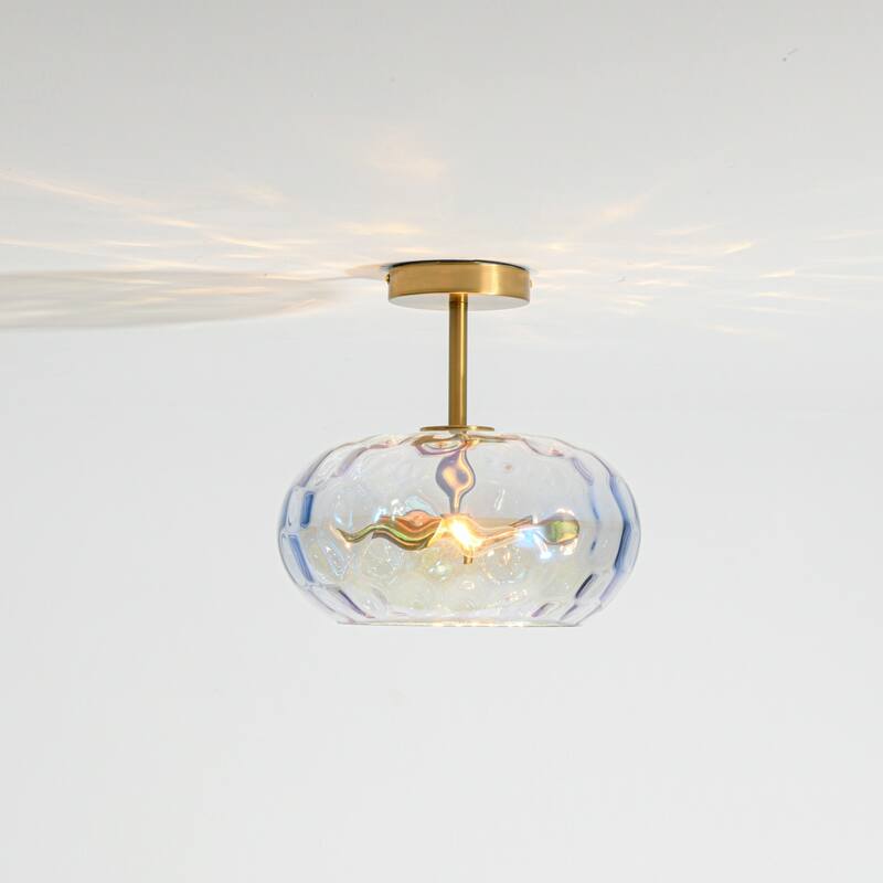 11.8" 2-Light Luxury Gold Semi-Flush Mount Ceiling Light with Hammered Glass Shade for Hallway, Bedroom