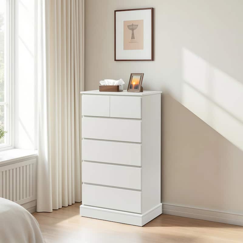 6 Drawers Dresser, Tall Dresser for Bedroom, Modern Chest of Drawers with Concealed Handles, Vertical Wood Storage Cabinet - White