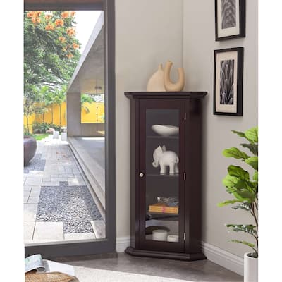 Corner Curio Storage Cabinet with Glass Door, Cherry Finish