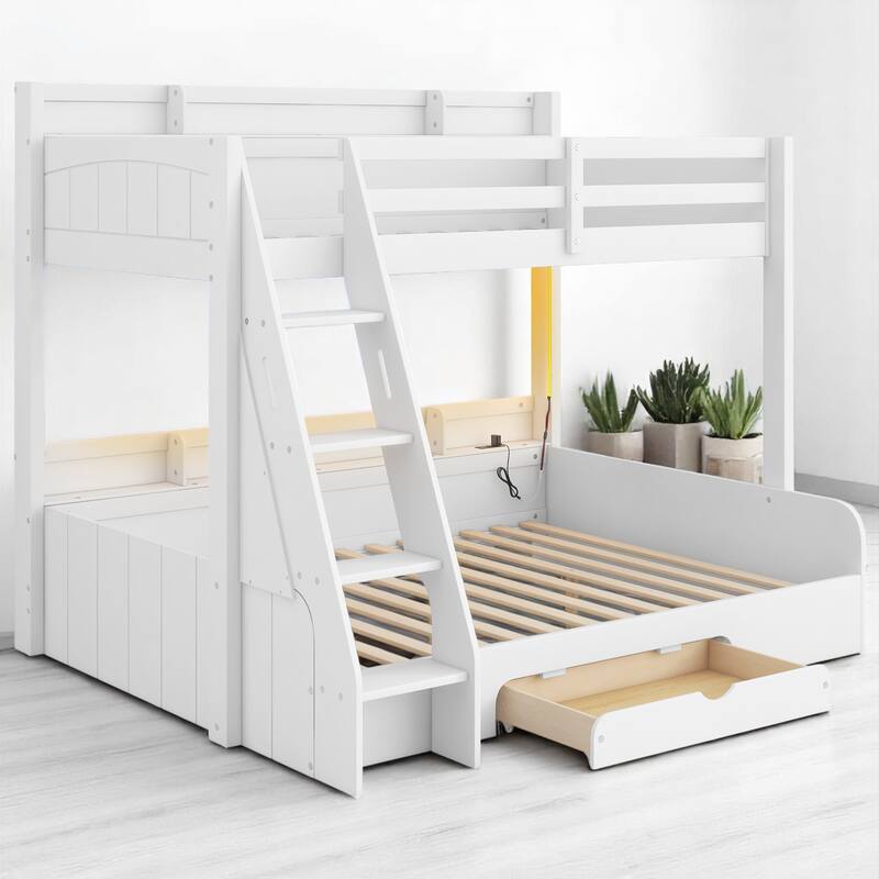 Twin Over Full Bunk Bed with Storage Shelves, LED Lights, Charging Station, and Drawer, kid bed,Storage bed